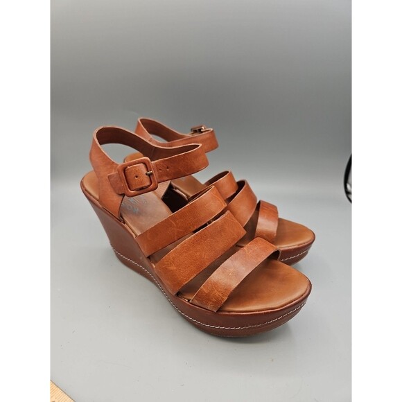 Korks by Kork-Ease Emily Brown Leather Wedge Sandals Strap Women's Size 7 Eur 38 - Picture 1 of 13